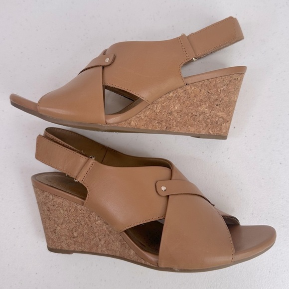 Clarks Women's Margee Eve Heeled Sandal Corked Wedges Tan Leather US Size 9.5 - Picture 8 of 16